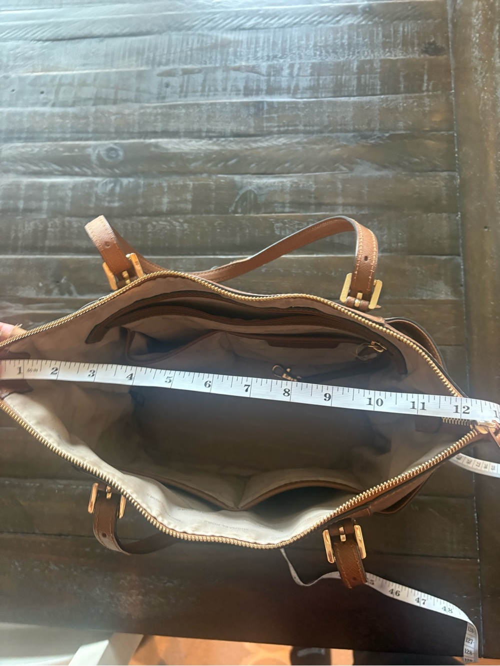 Michael Kors Jet Set Tote Brown Saffiano Leather Shoulder Bag MK Charm - Picture 11 of 14